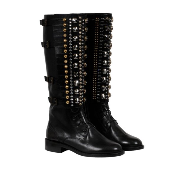 Rene Caovilla Combat Boots US 7 EU 37 Black LeatherCroc Embossed Crystal Studded